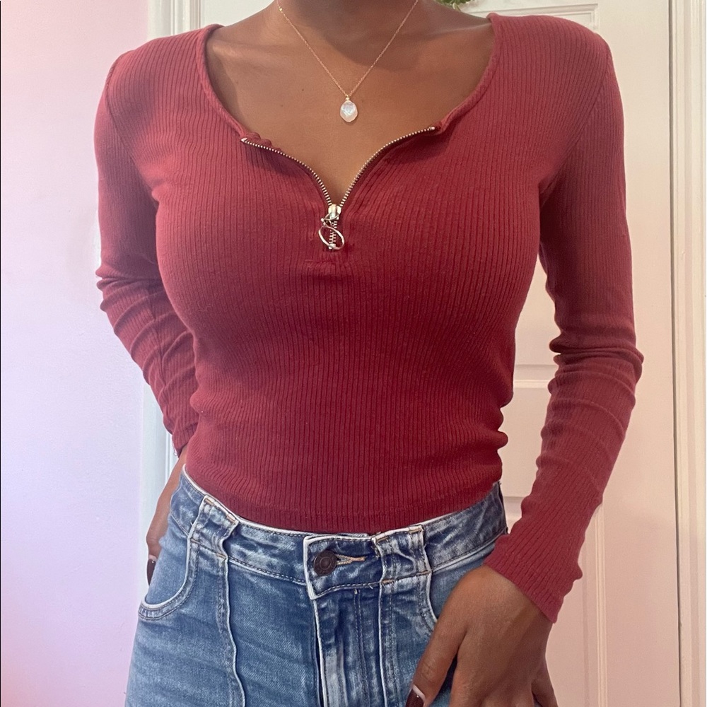 Burgundy Garage zip up long sleeve tee